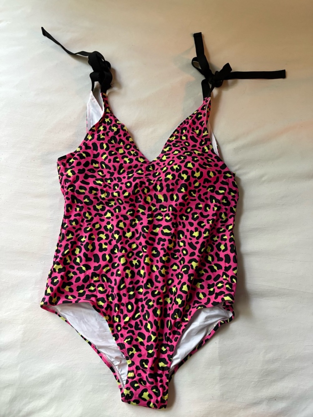Posh Peanut Hot Pink Leopard One-Piece Swimsuit with Black Tie Straps